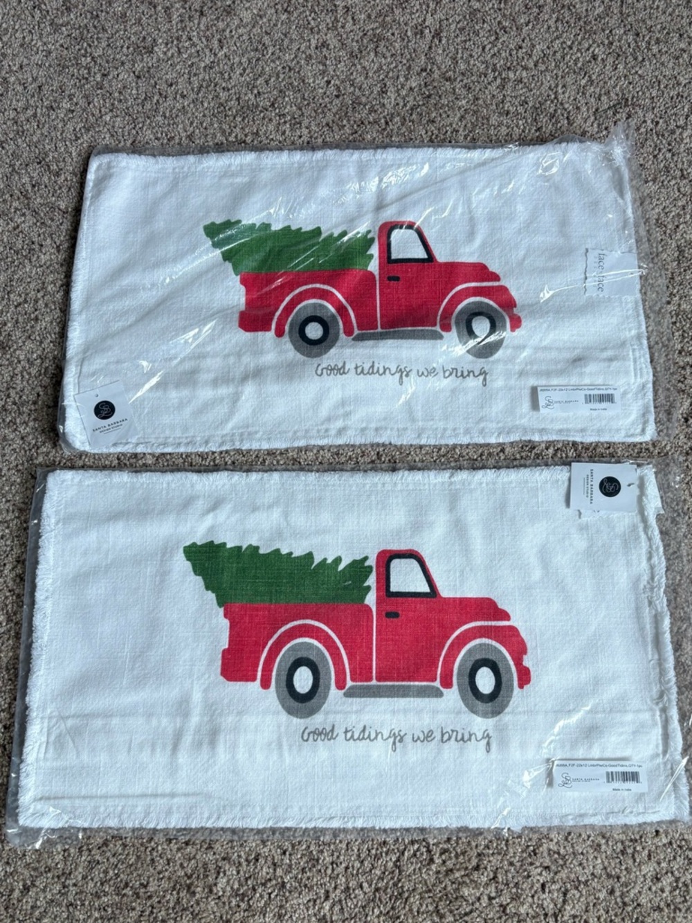 White Pillow Cases with Red Truck and Green Tree (Set of 2)